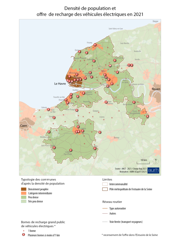 Densité de population et offre de recharge des véhicules électriques en 2021 dans l'estuaire de la Seine