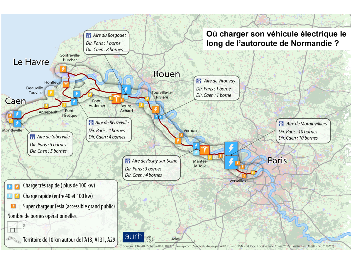 Carte - Où charger son véhicule électrique le long de l'autoroute de Normandie ?
