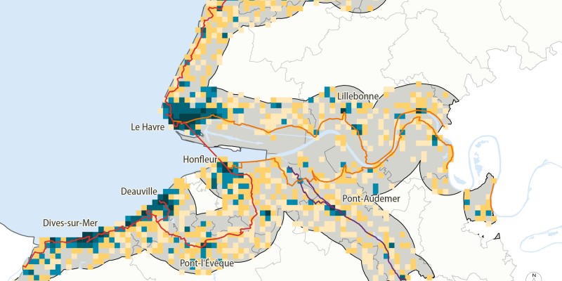 Densité d'équipements et de services à proximité des véloroutes de l'estuaire de la Seine